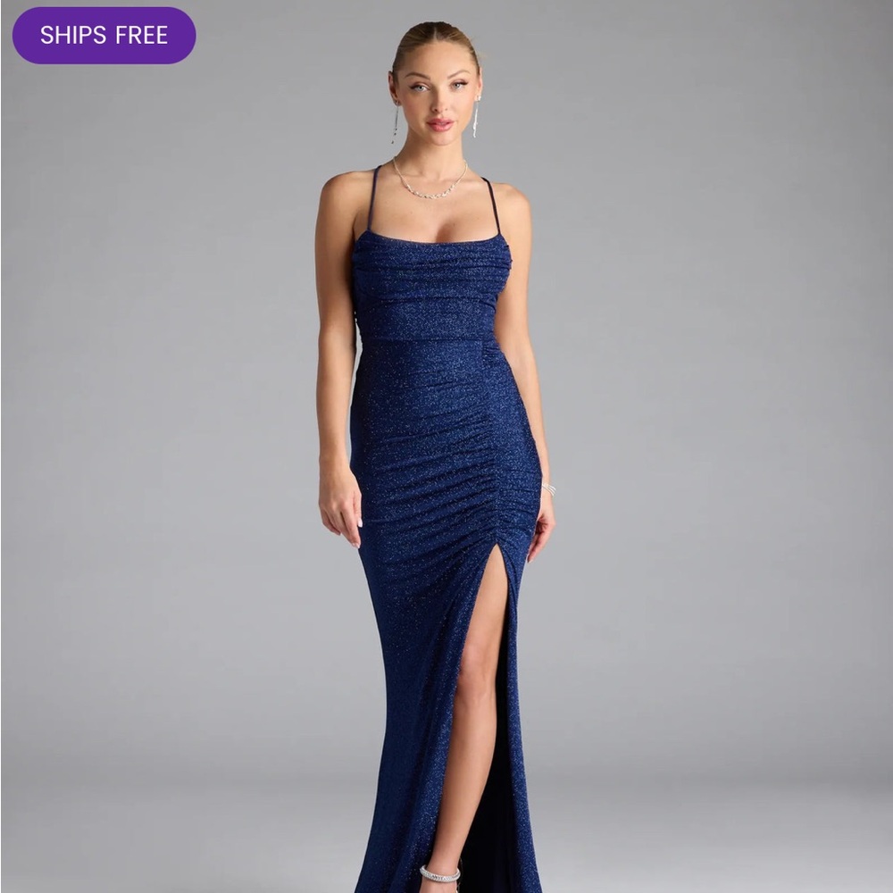 Windsor Elegant Navy Blue Women's Dress size S sparkle leg slit